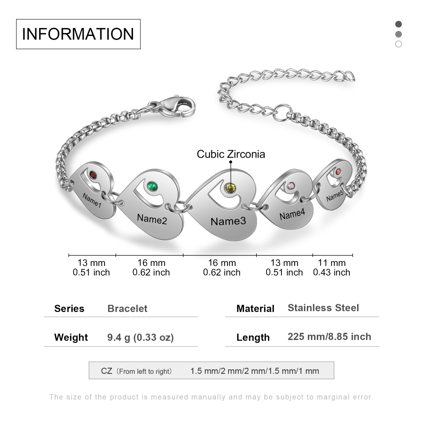 Pulsera de corazón personalizada con 5 nombres y 5 piedras de nacimiento-Jessemade ES
