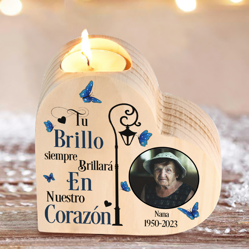 Candelero de corazón en memoria de ser querido de madera foto, nombre y año personalizados sin vela