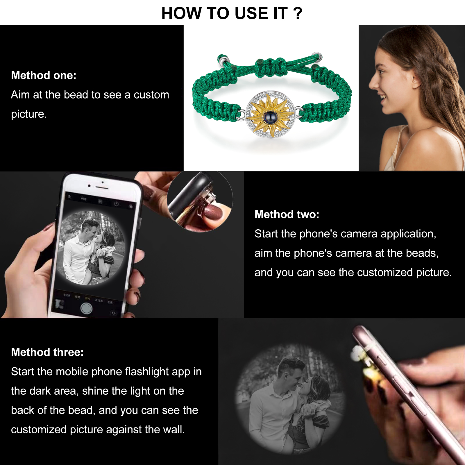 Pulsera con proyección de foto con dije de girasol cuerda verde-Jessemade ES