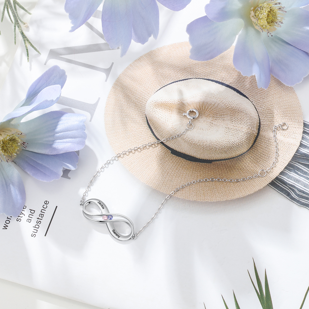 Pulsera infinito de Plata 925 ajustable 2 nombres y 2 piedras de nacimiento personalizados