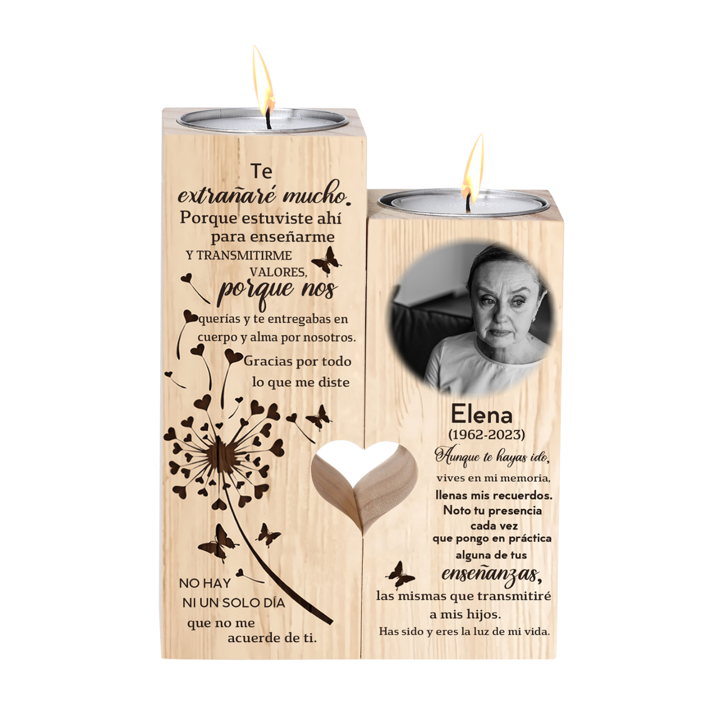 Candelero de dos piezas en memoria de ser querido de madera nombre, foto y año personalizados sin vela-Jessemade ES