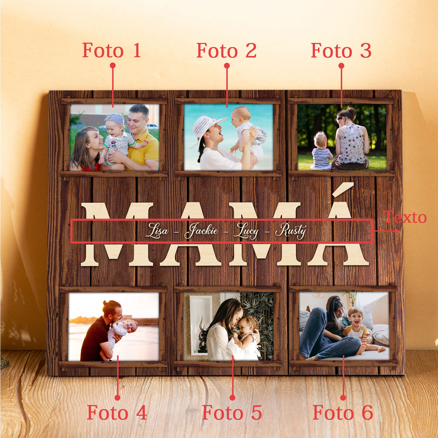 A mi mamá-Lámina marco de madera para mamá personalizado con 1 texto y 6 fotos-Jessemade ES