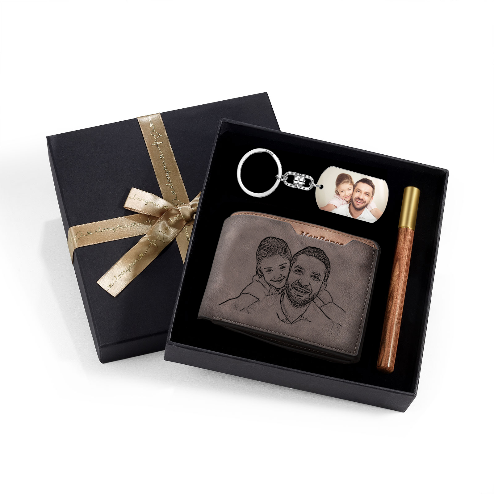 Kit de regalo-Llavero, cartera y bolígrafo con fecha y texto personalizados con 2 fotos para hombre-Jessemade ES