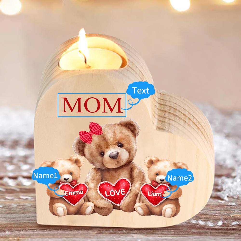 A mi mamá/abuela-Candelero osos 1-6 nombres y 1 texto personalizados en forma de corazón de madera sin candela-Jessemade ES