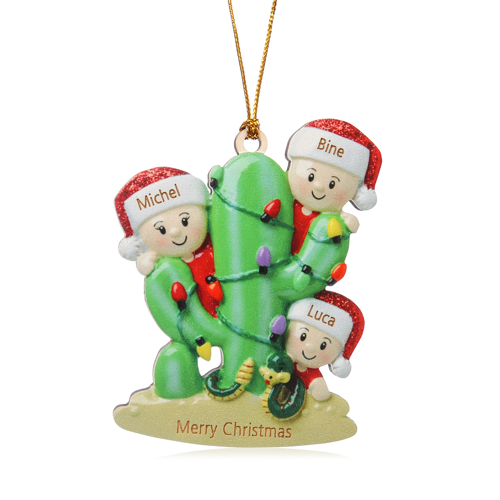 Navidad-Ornamento muñecos navideño de madera cactus 3 nombres y 1 texto personalizados adorno del árbol-Jessemade ES