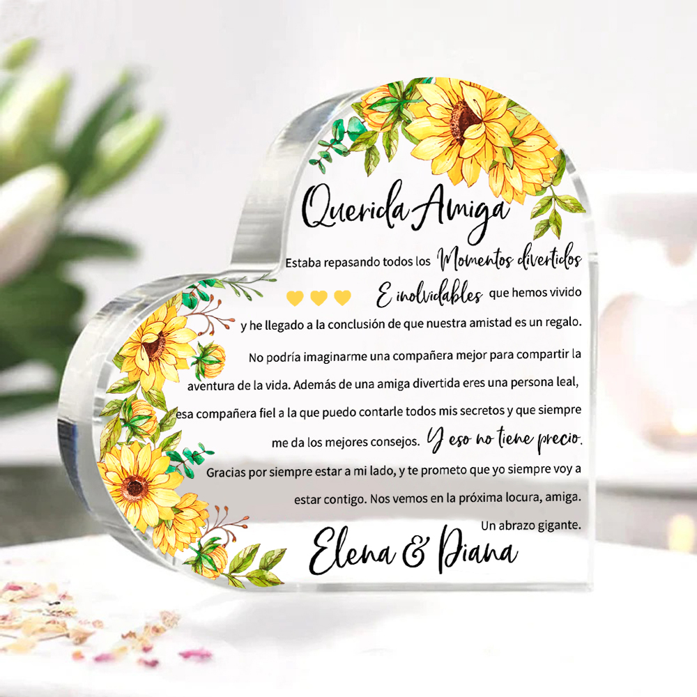 Placa de acrílico en forma de corazón para amiga con 1 texto personalizado-Jessemade ES