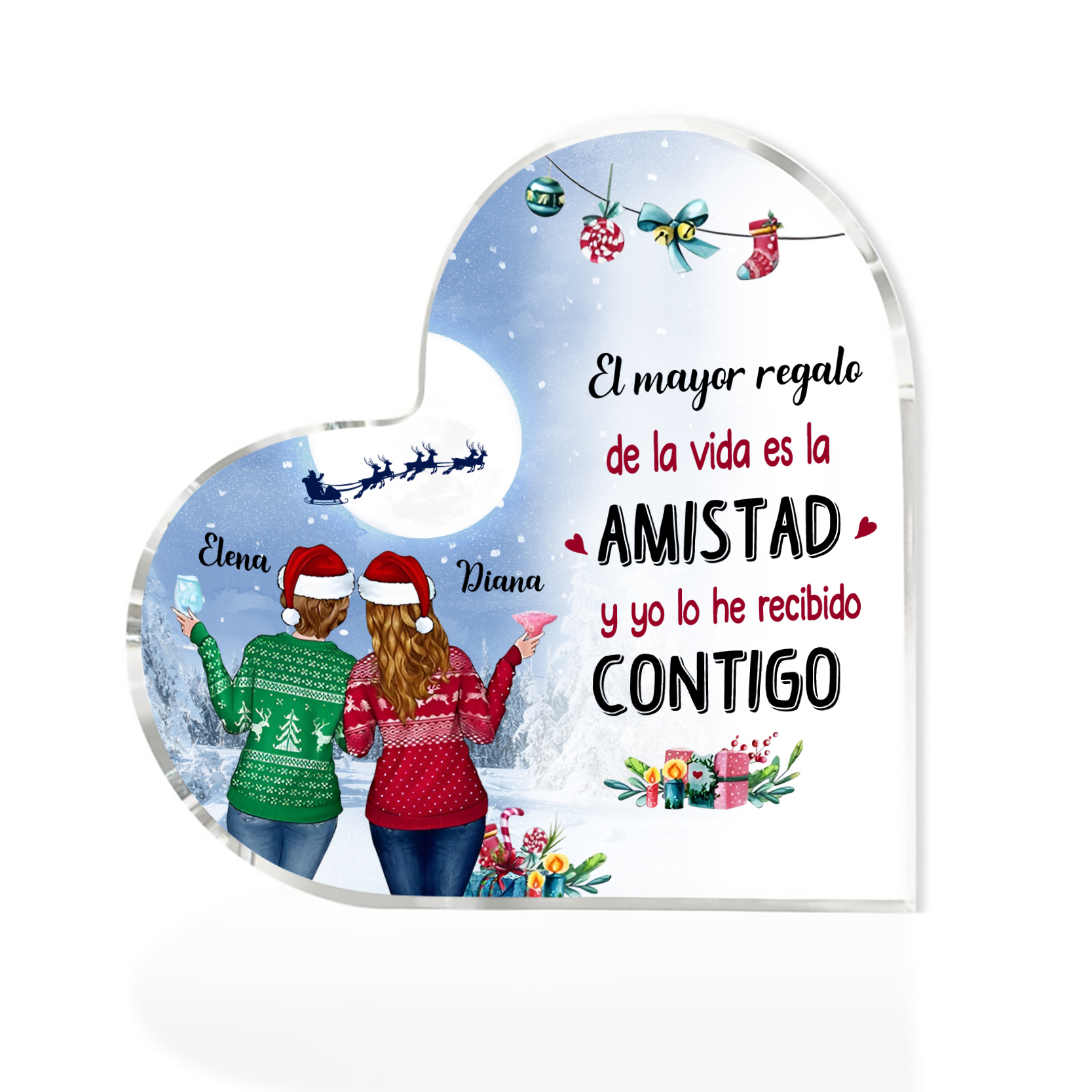 Navidad-Placa de acrílico en forma de corazón para amiga con 2 nombres personalizados-Jessemade ES