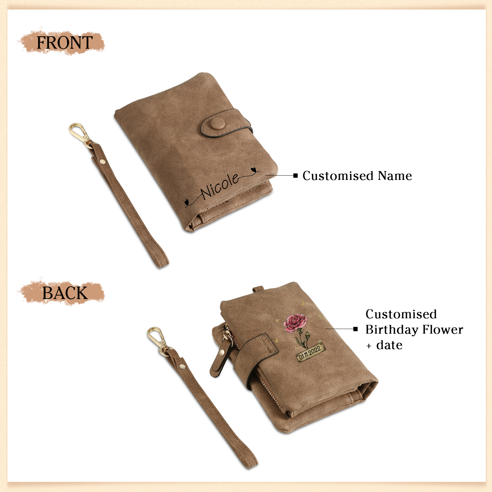 Cartera, billetera con 1 nombre, 1 fecha y 1 flor de nacimiento personalizados monedero clásico para mujer