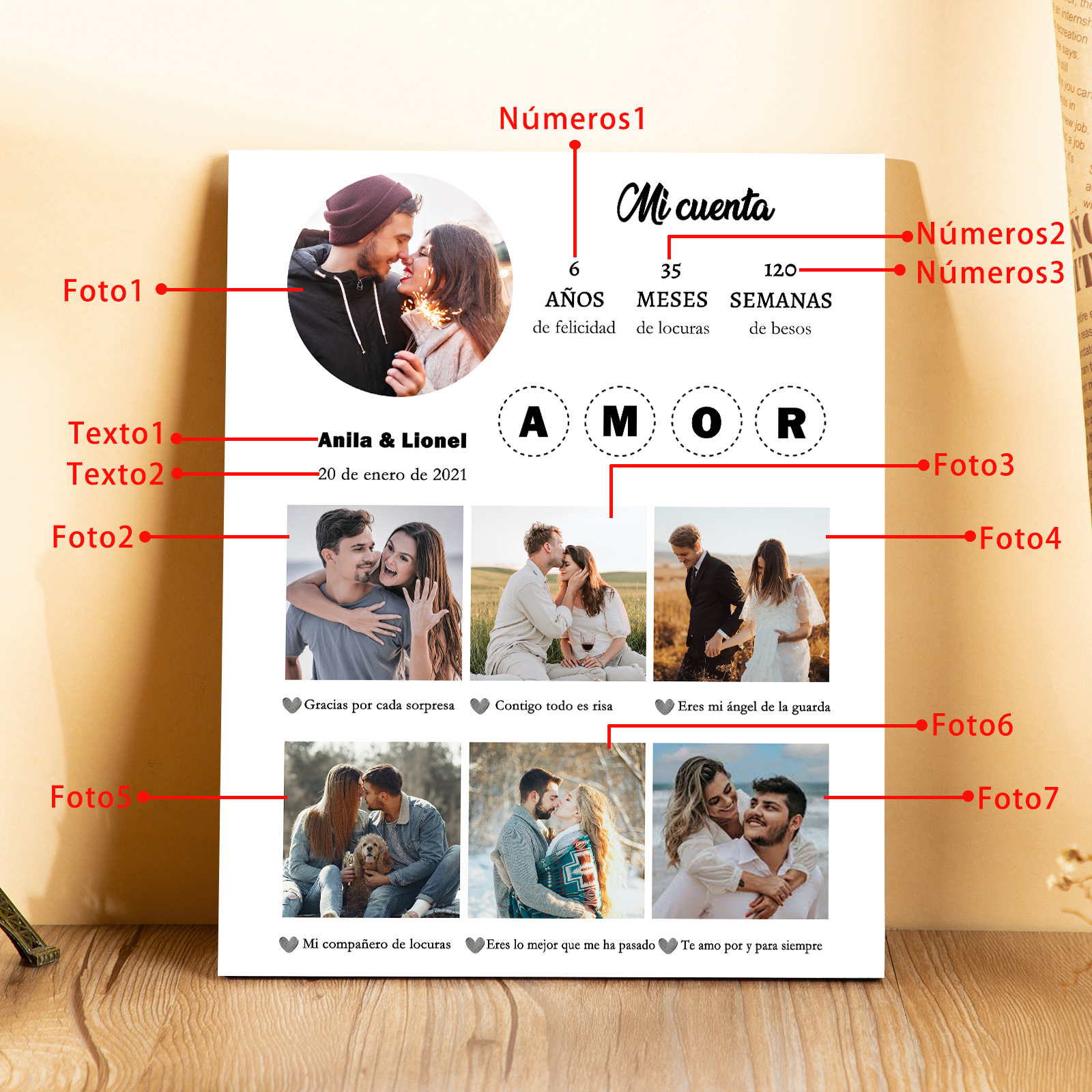 Lámina marco de madera para pareja personalizado con 2 textos, 3 números y 7 fotos-Jessemade ES