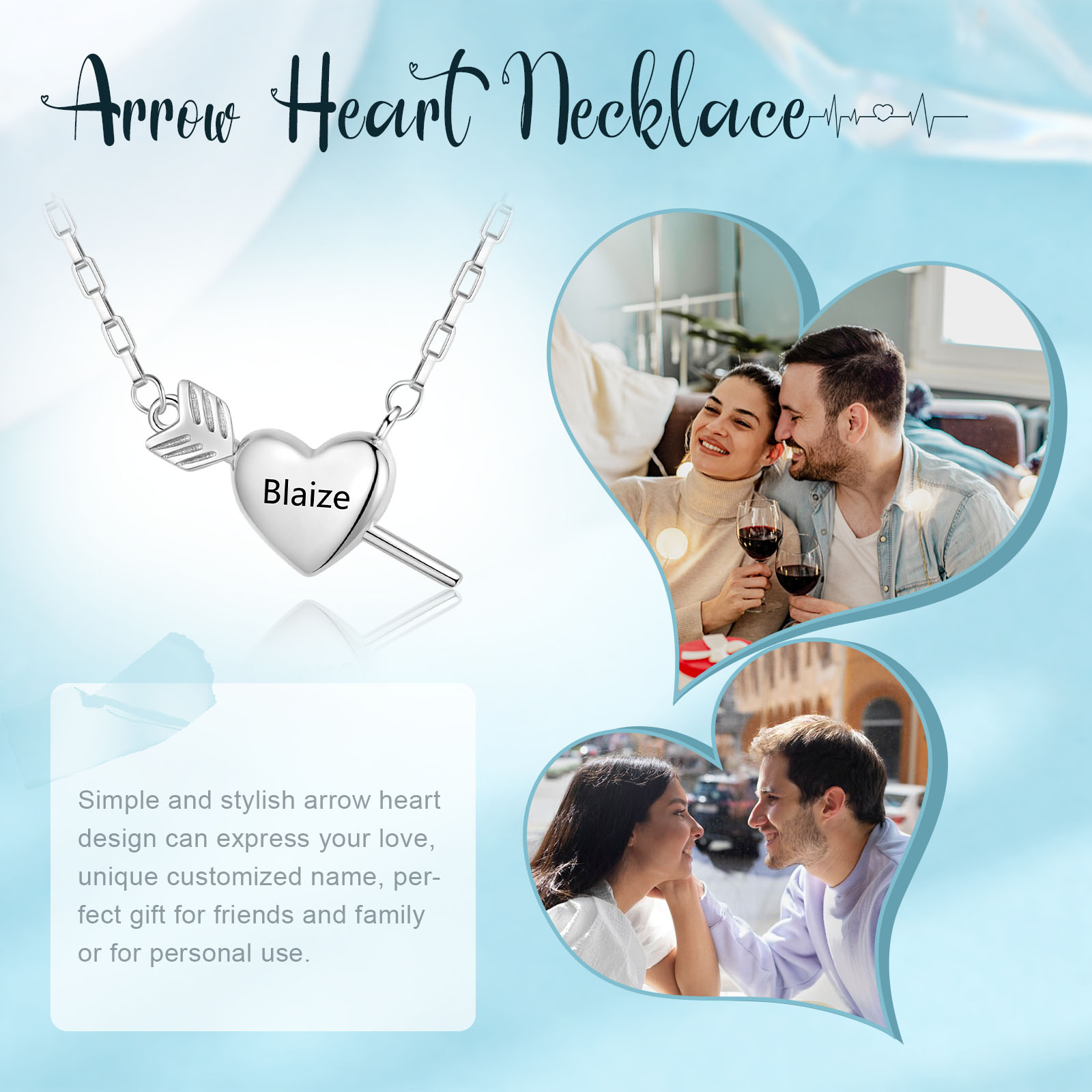 Collar de flecha en el corazón personalizado con 1 nombre para pareja-Jessemade ES