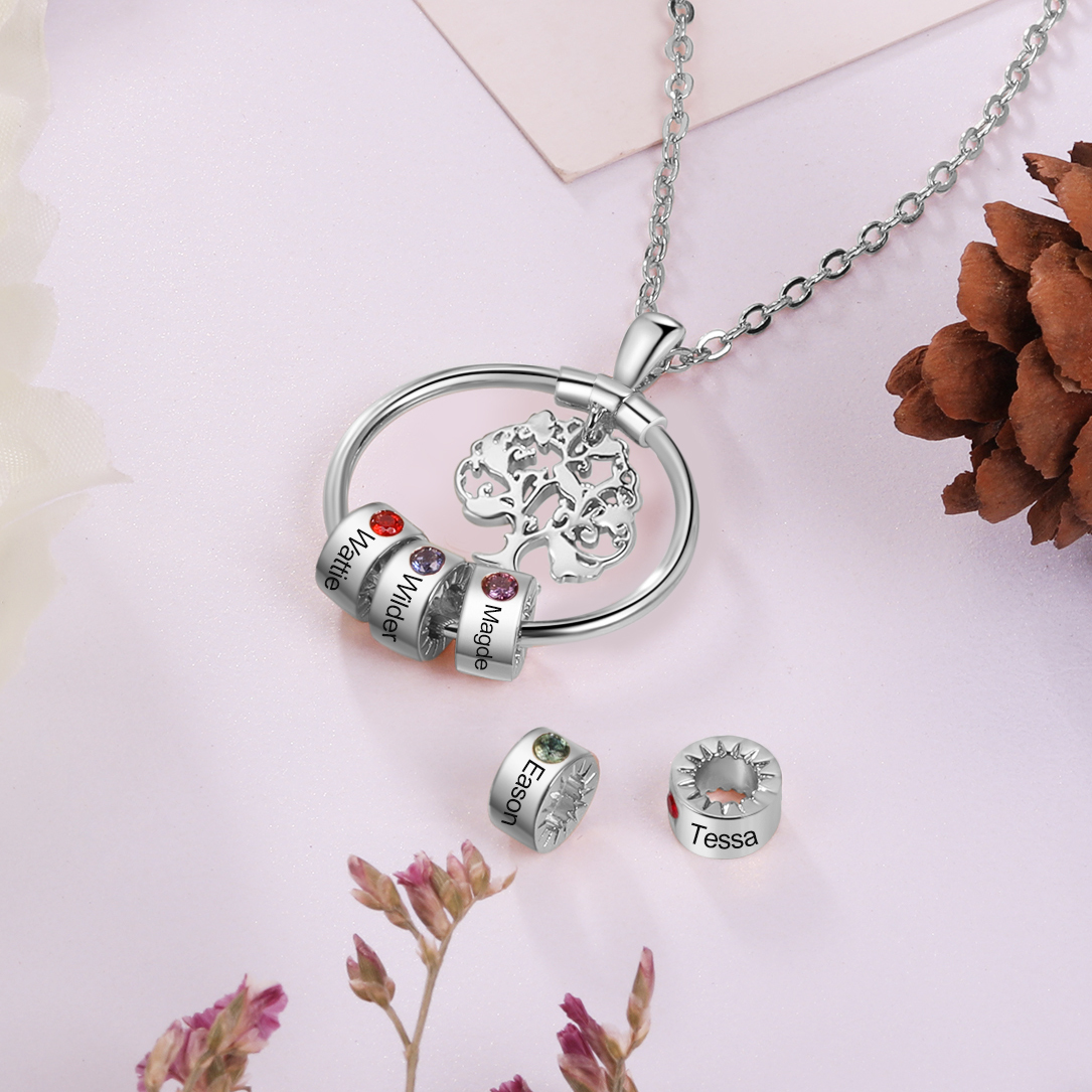 Collar con 1-5 círculos 1-5 piedras de nacimiento y nombres colgante de árbol de la vida plateado-Jessemade ES