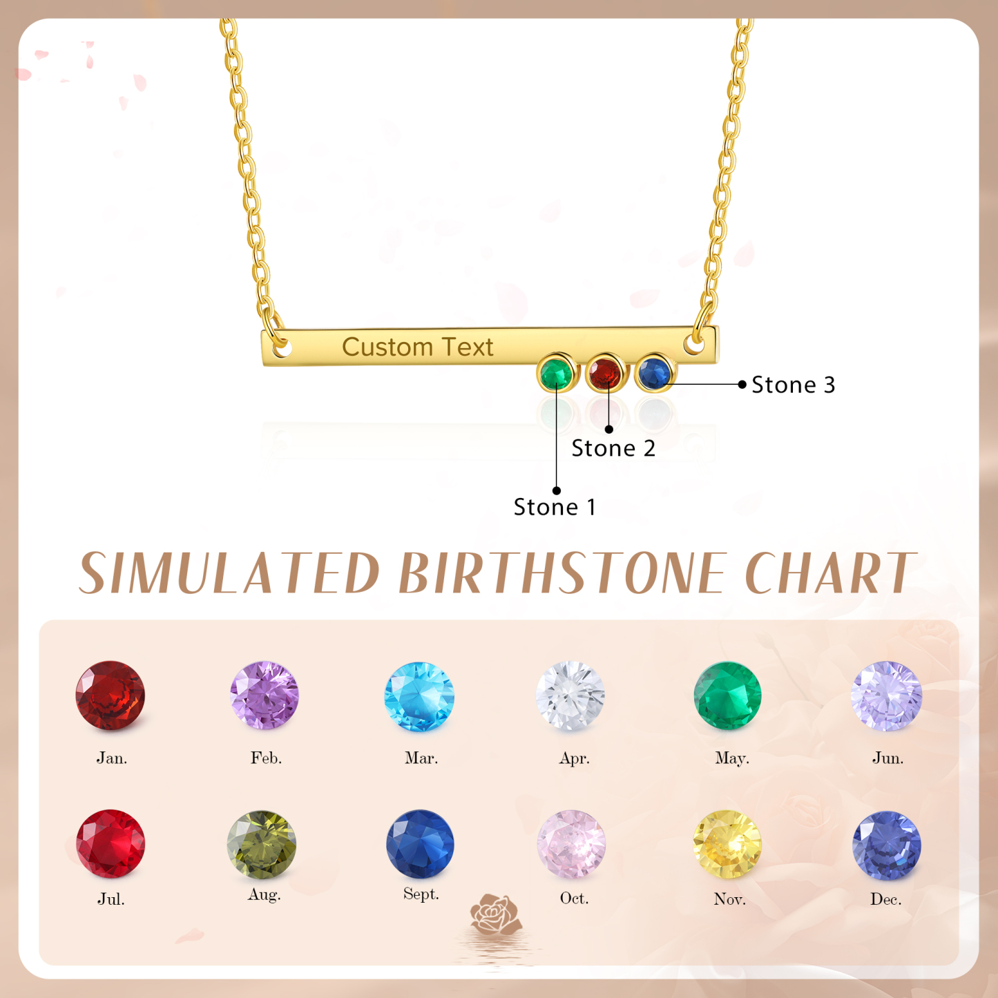 Collar con colgante de placa con 1-4 piedras de nacimiento personalizadas con texto-Jessemade ES