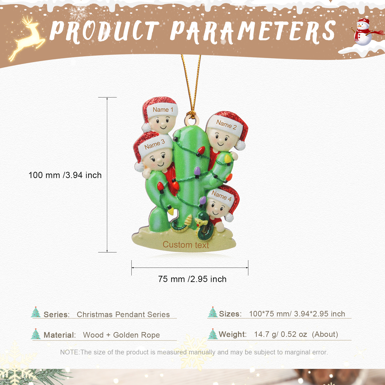 Navidad-Ornamento muñecos navideño de madera cactus 4 nombres y 1 texto personalizados adorno del árbol-Jessemade ES