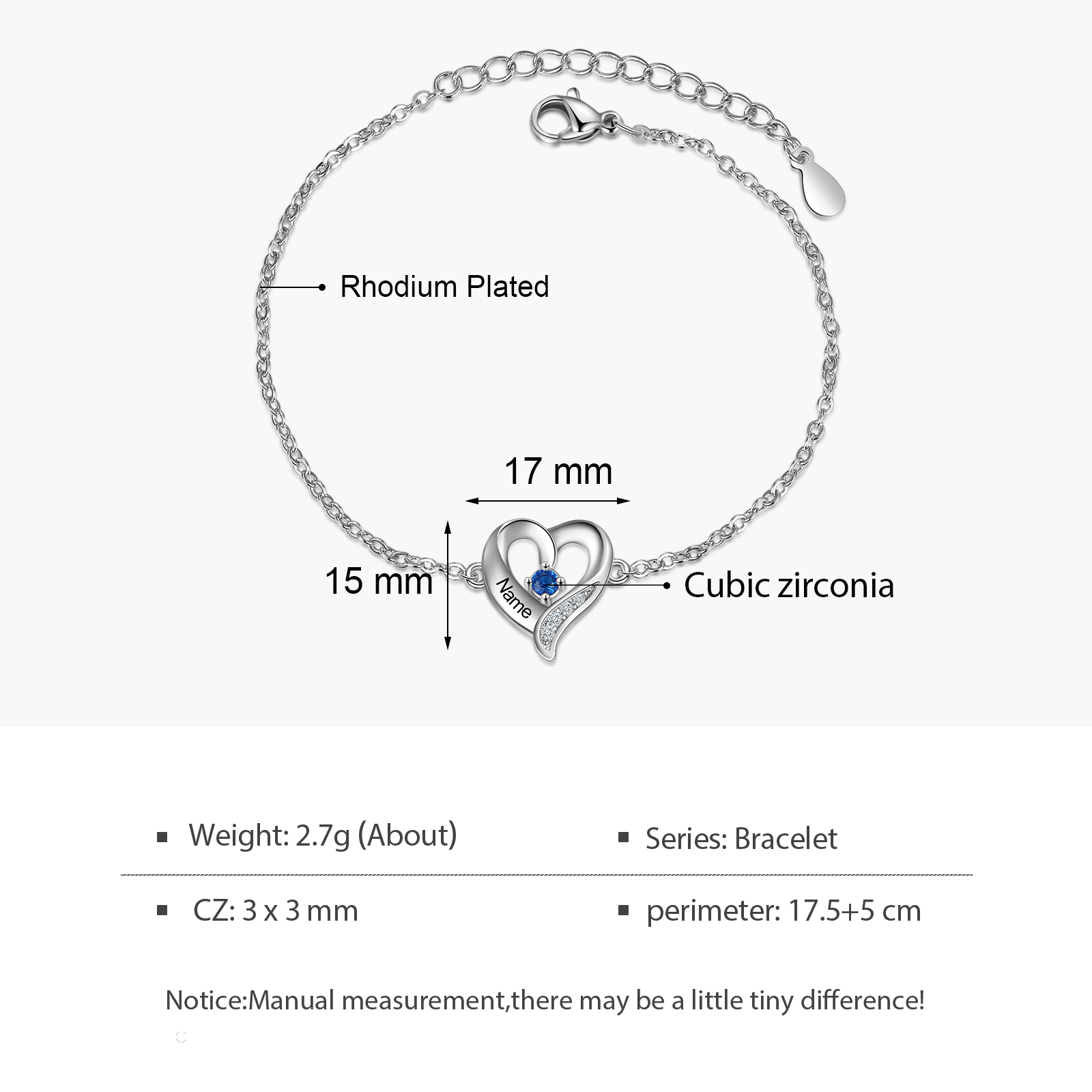 Pulsera de Corazón 1 Nombre Personalizado con 1 Piedra de Nacimiento-Jessemade ES