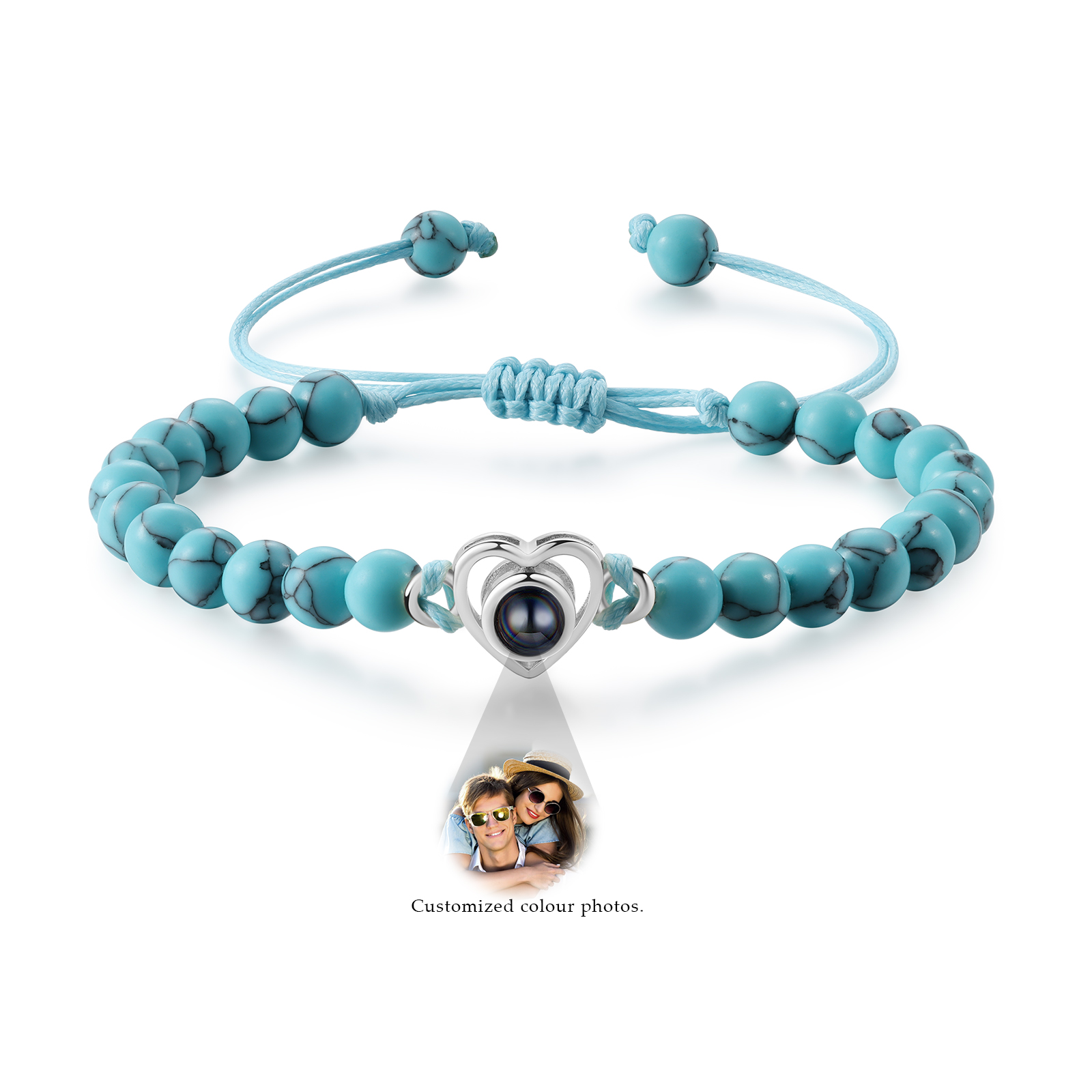 Pulsera de turquesa verde sintética con proyección de foto en color con dije de corazón pulsera ajustable-Jessemade ES