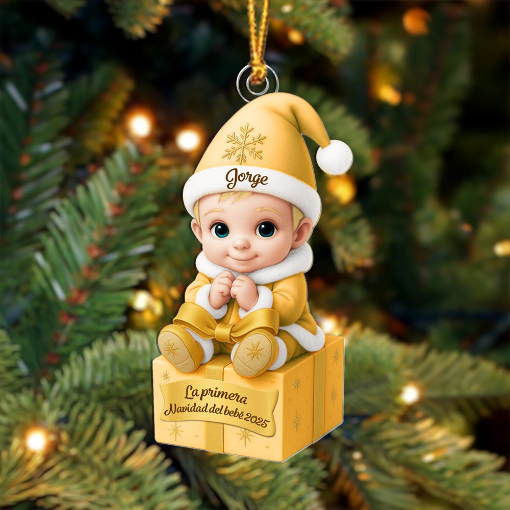 Adorno personalizado para el árbol de Navidad – Bebé sobre un regalo para su primera Navidad