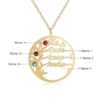 Collar de plata 925 Árbol de la Vida Árbol Genealógico 3 nombres y 3 piedras de nacimiento-Jessemade ES