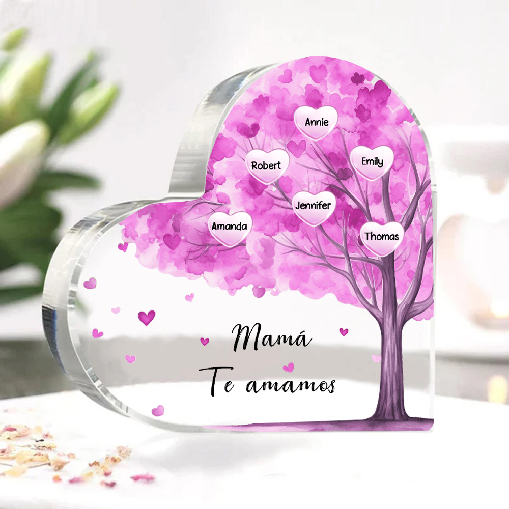 A mi mamá/abuela-Placa de acrílico "Árbol" en forma de corazón 6 nombres y 1 texto personalizados-Jessemade ES
