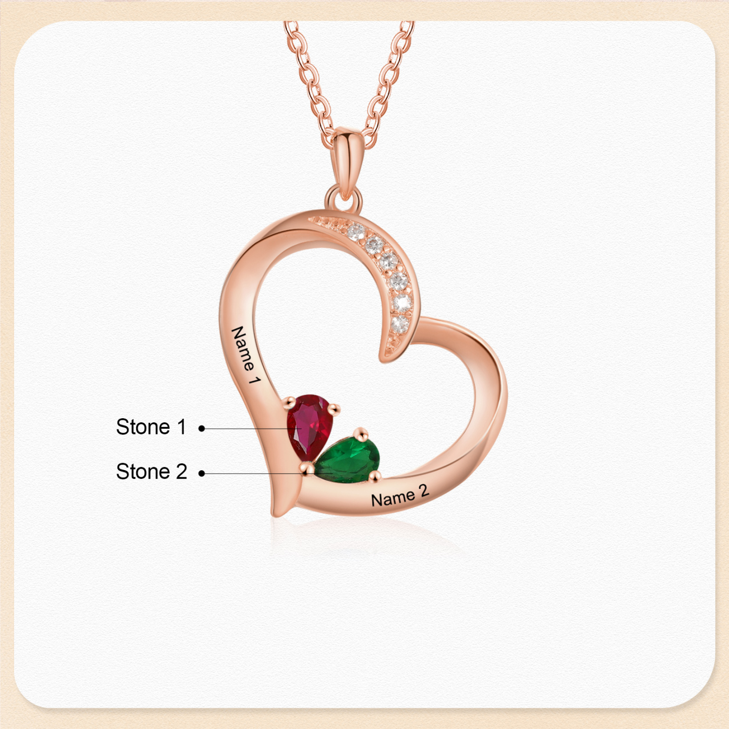 Collar corazón con 1-6 nombres personalizados y 1-6 piedras de nacimiento-Jessemade ES