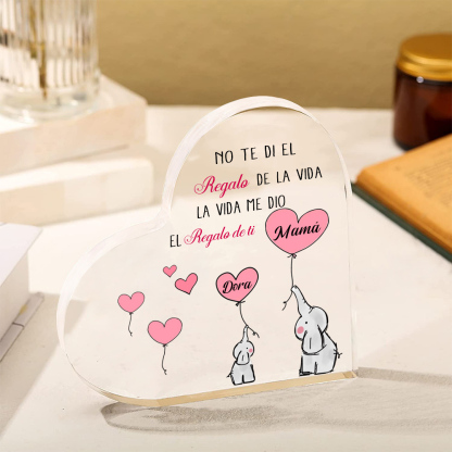 A mi mamá/abuela-Placa de acrílico en forma de corazón elefantes 2-5 nombres personalizados-Jessemade ES