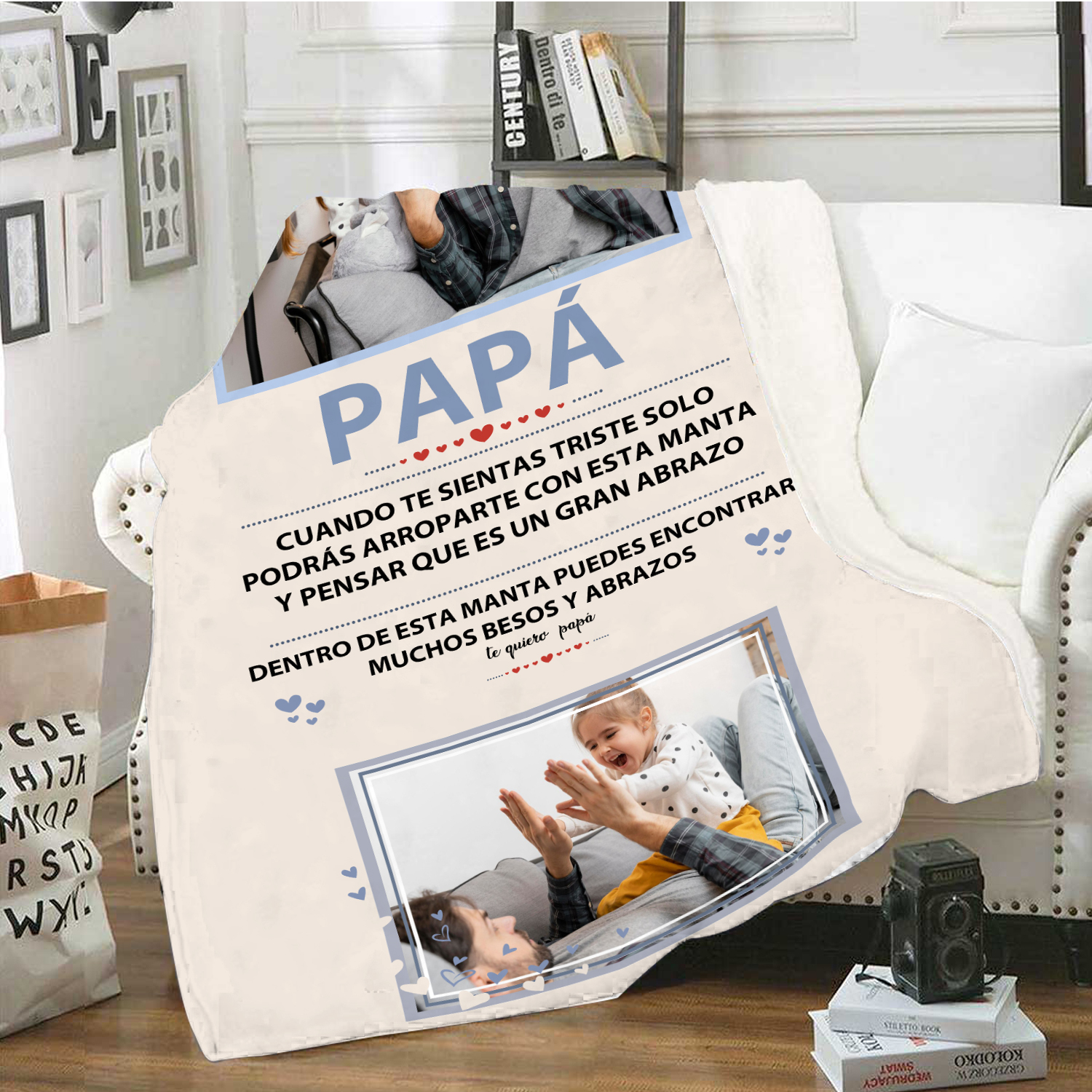A mi padre-Manta de buen calidad personalizada con 2 fotos-Jessemade ES