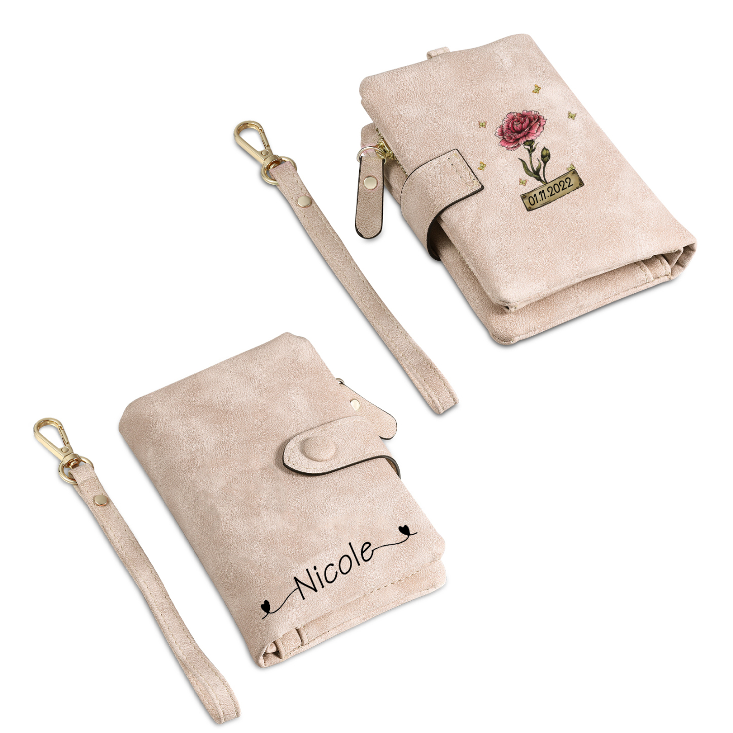 Cartera, billetera con 1 nombre, 1 fecha y 1 flor de nacimiento personalizados monedero clásico para mujer