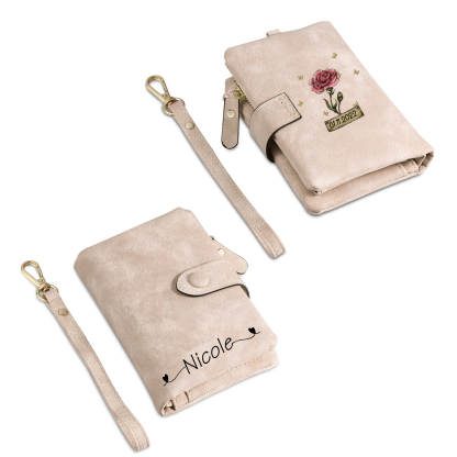 Cartera, billetera con 1 nombre, 1 fecha y 1 flor de nacimiento personalizados monedero clásico para mujer