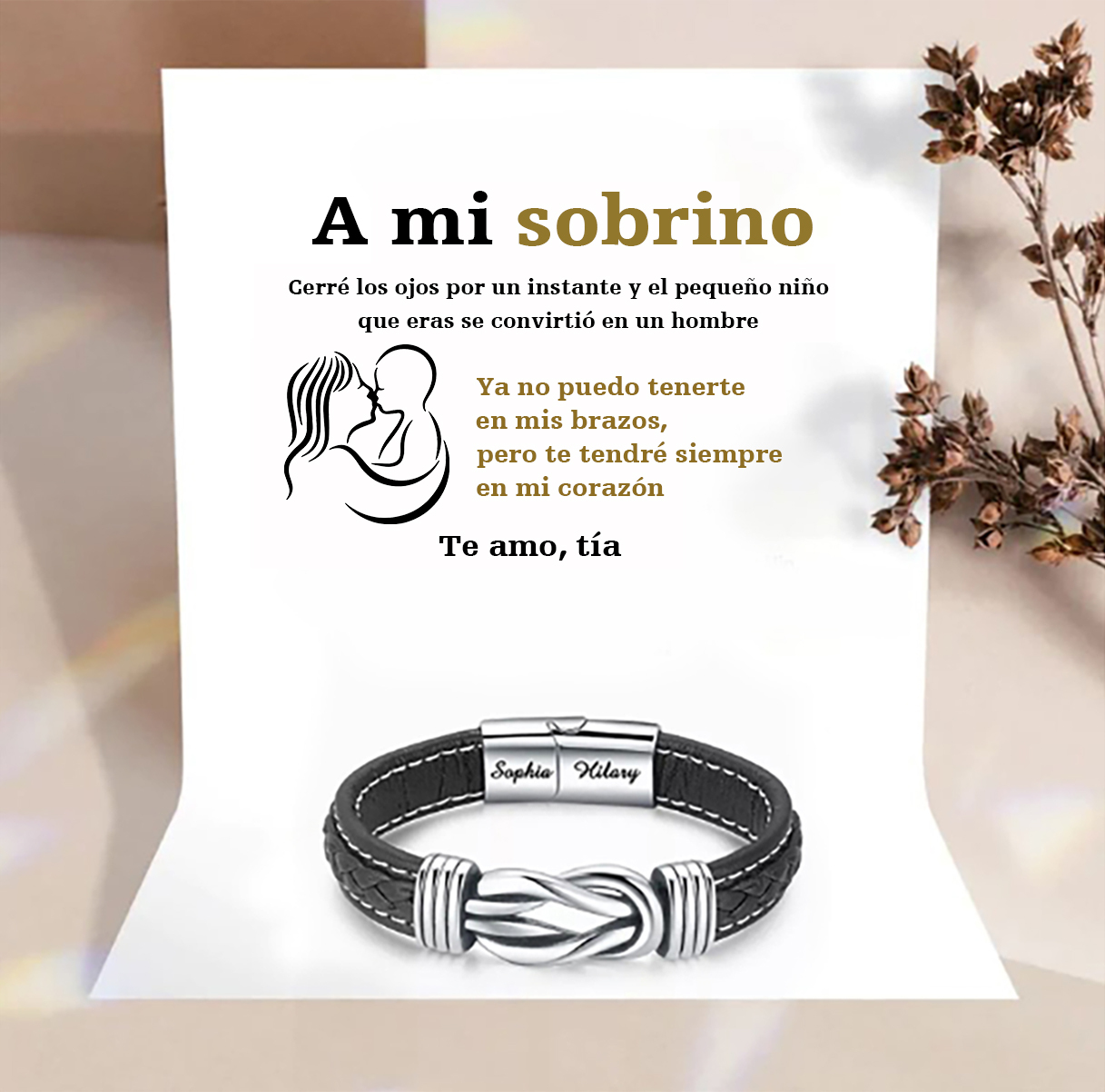 A mi sobrino-Pulsera de Cuero Nudo Eterno de Acero Inoxidable con 2 Nombres Personalizados