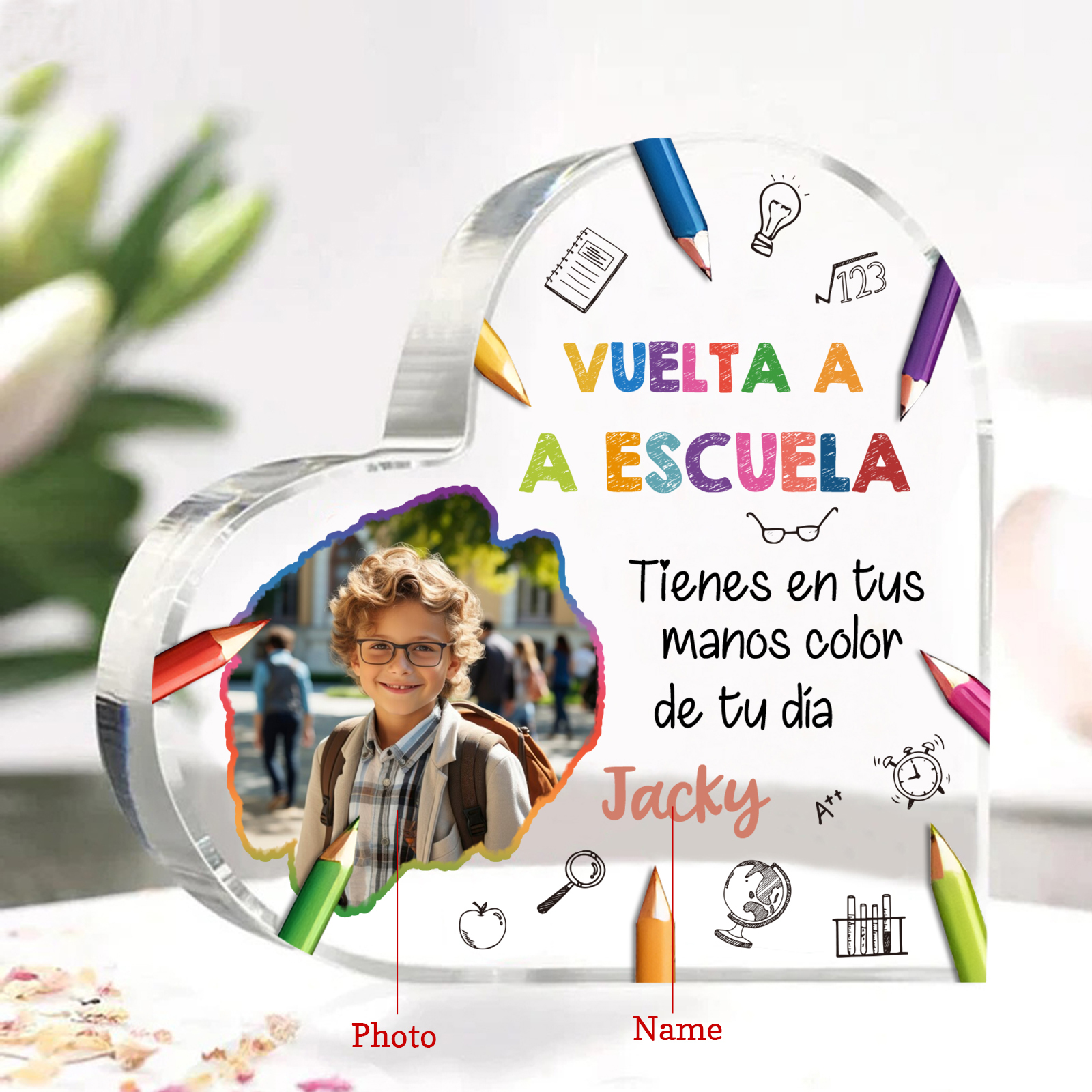 Vuelta al cole-Placa de acrílico en forma de corazón con nombre y foto personalizados