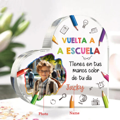 Vuelta al cole-Placa de acrílico en forma de corazón con nombre y foto personalizados