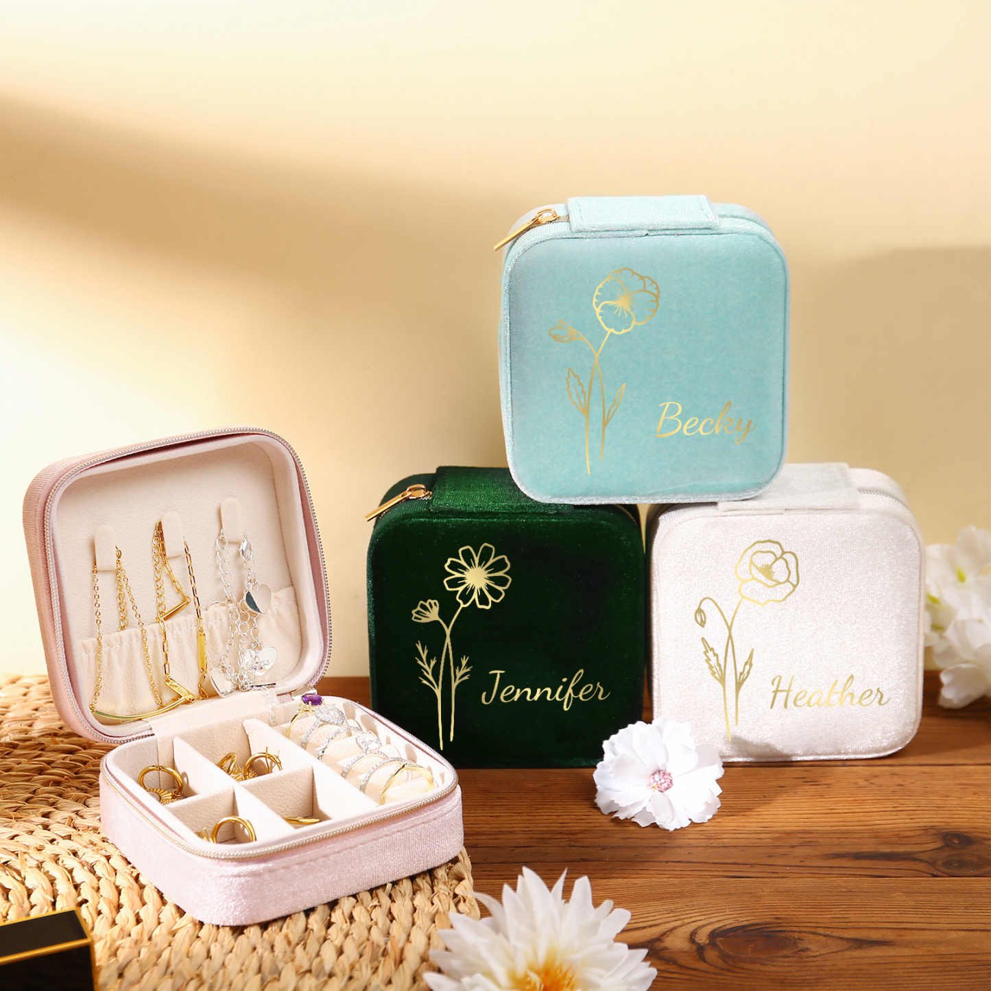 Caja de regalo para joya personalizada con nombre y flor de nacimiento-Jessemade ES