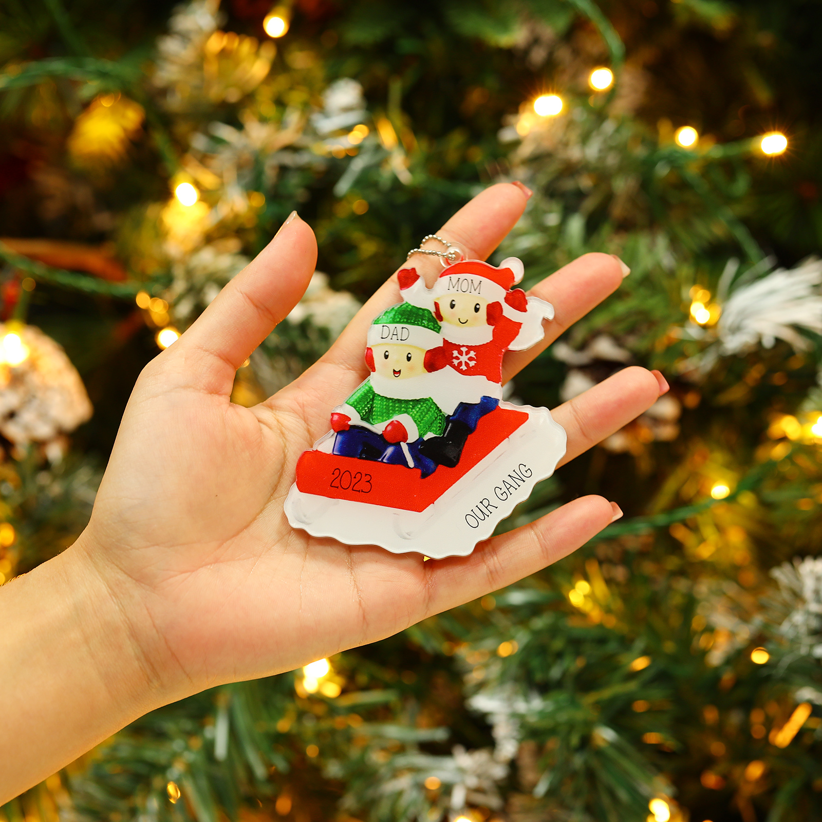 Navidad-Ornamentos Navideños de Acrílico Carro de Esquí 2 Nombres con Texto y Año Personalizados