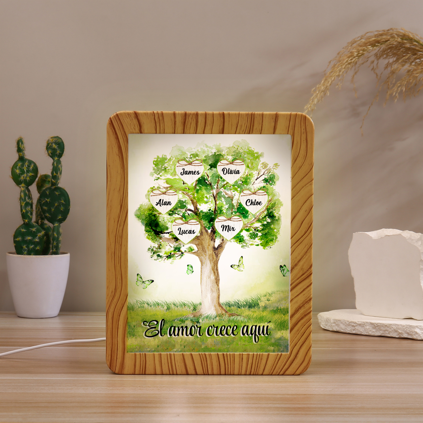 Marco/Espejo con LED Multifuncional Árbol de la Vida 2-8 Nombres Personalizados con 1 Texto-Jessemade ES