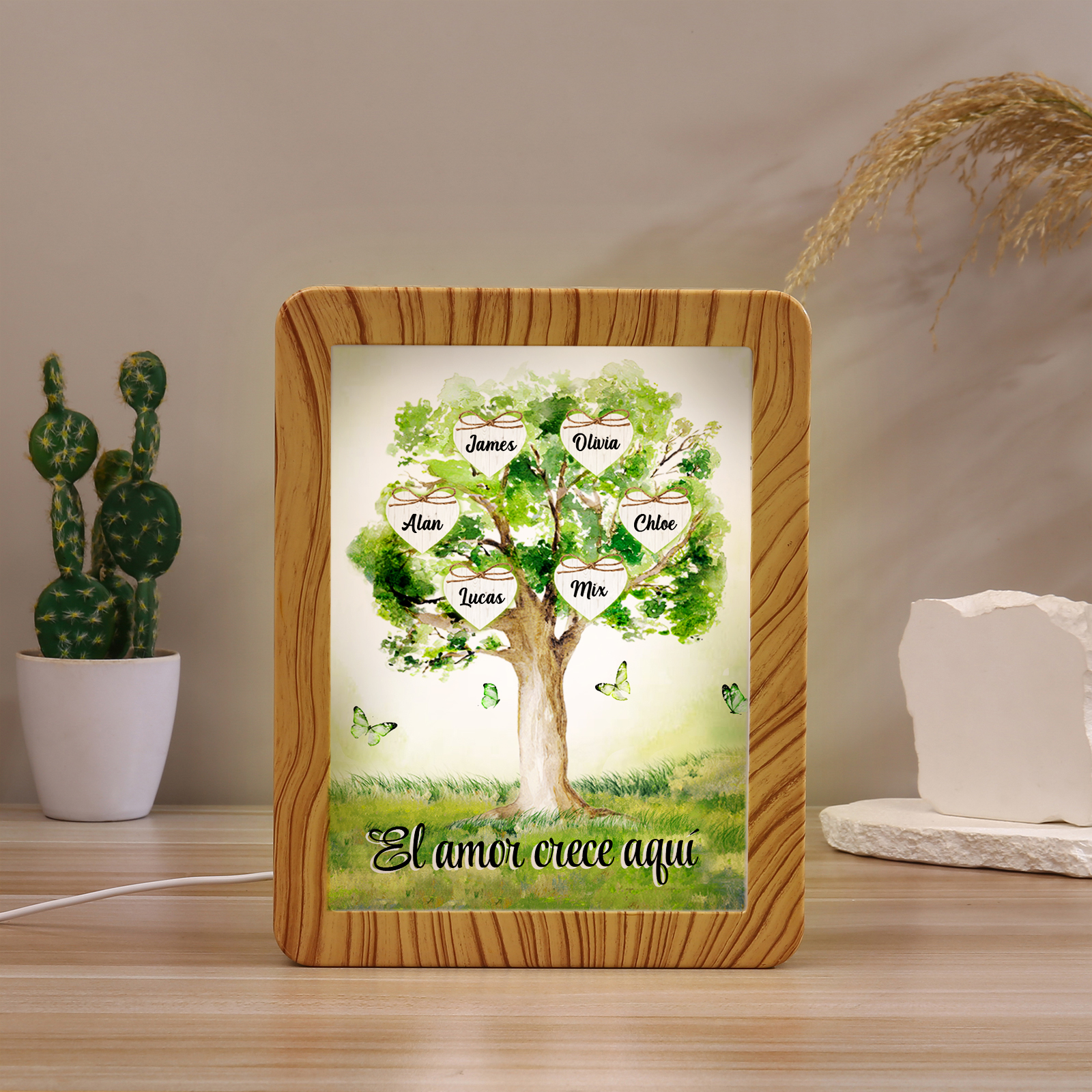 Marco/Espejo con LED Multifuncional Árbol de la Vida 2-8 Nombres Personalizados con 1 Texto-Jessemade ES