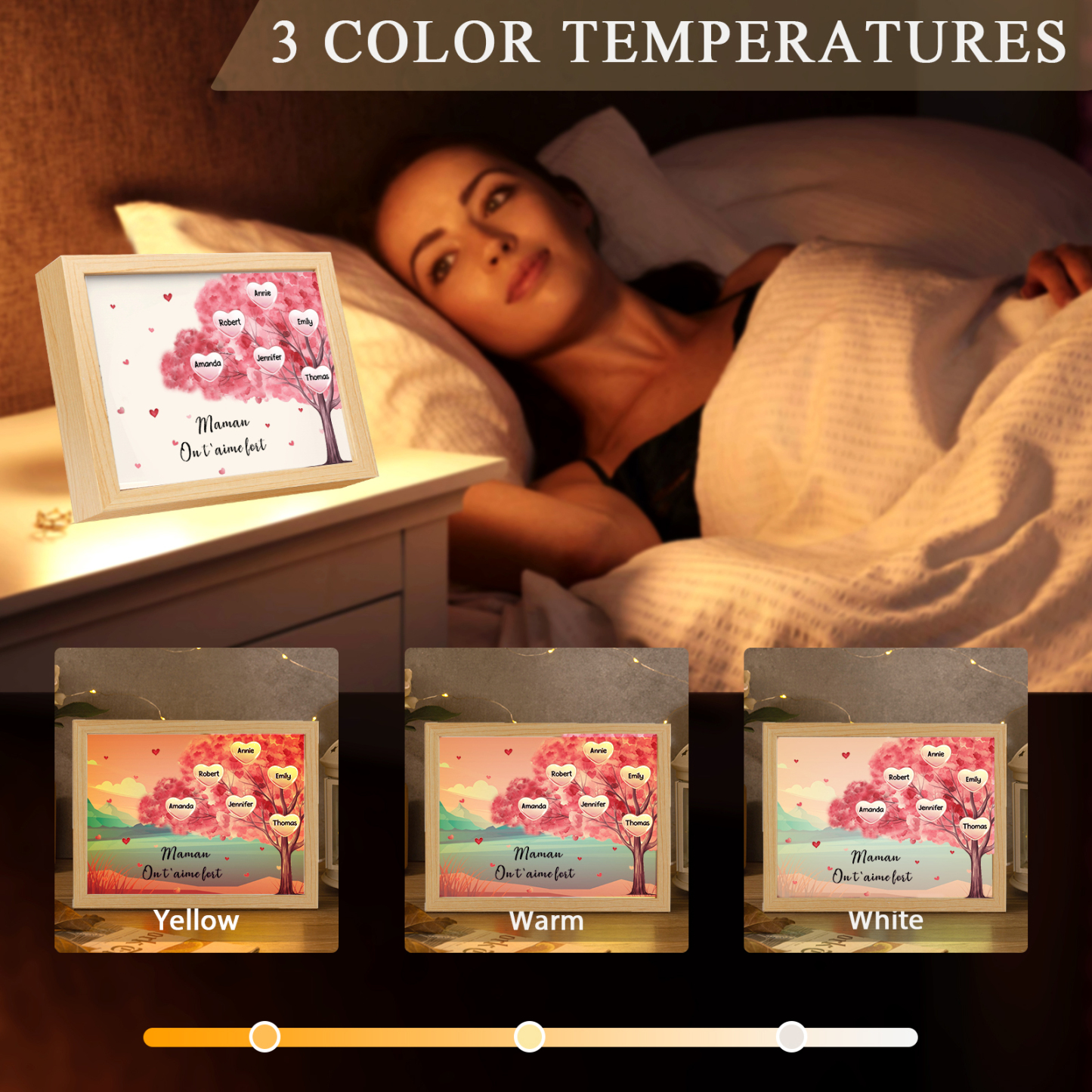 Marco con LED Árbol de la Vida 1-10 Nombres Personalizados con 1 Texto-Jessemade ES