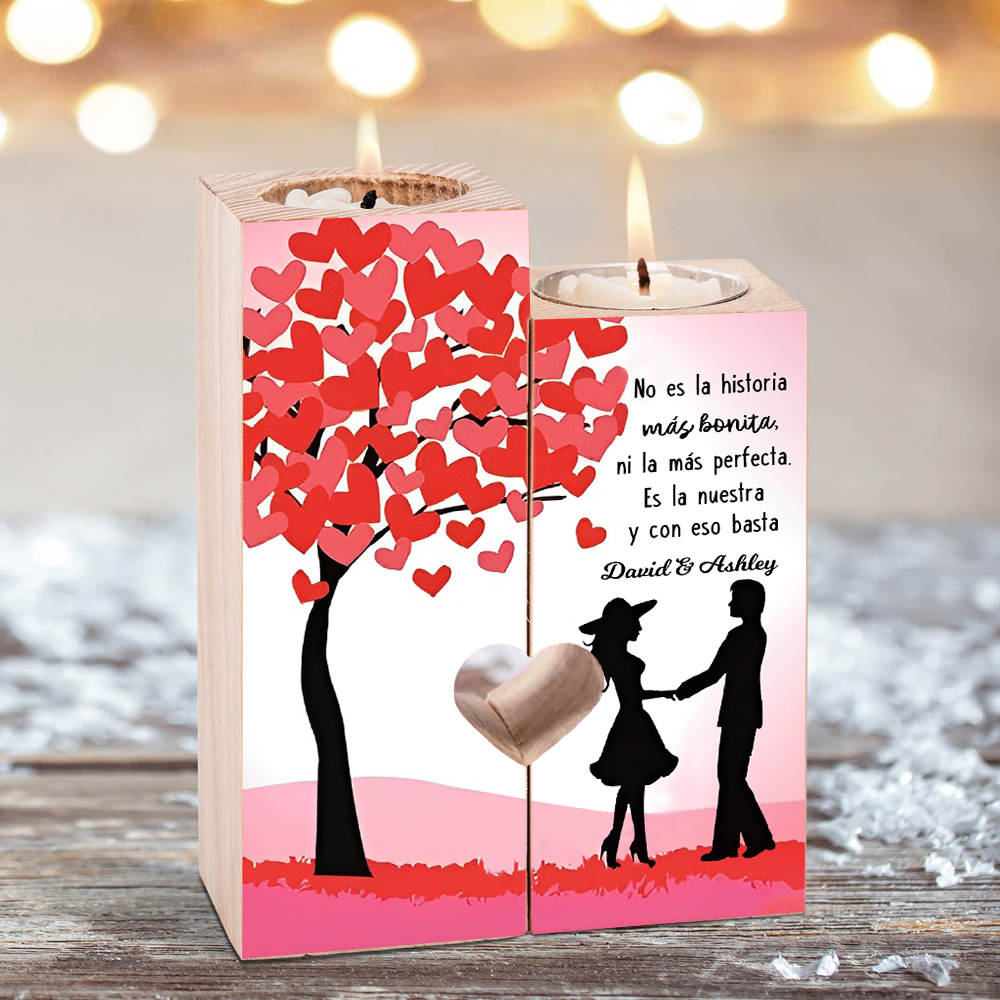 Candelero de siluetas de pareja de madera de dos piezas sin candela con 1 texto personalizado-Jessemade ES