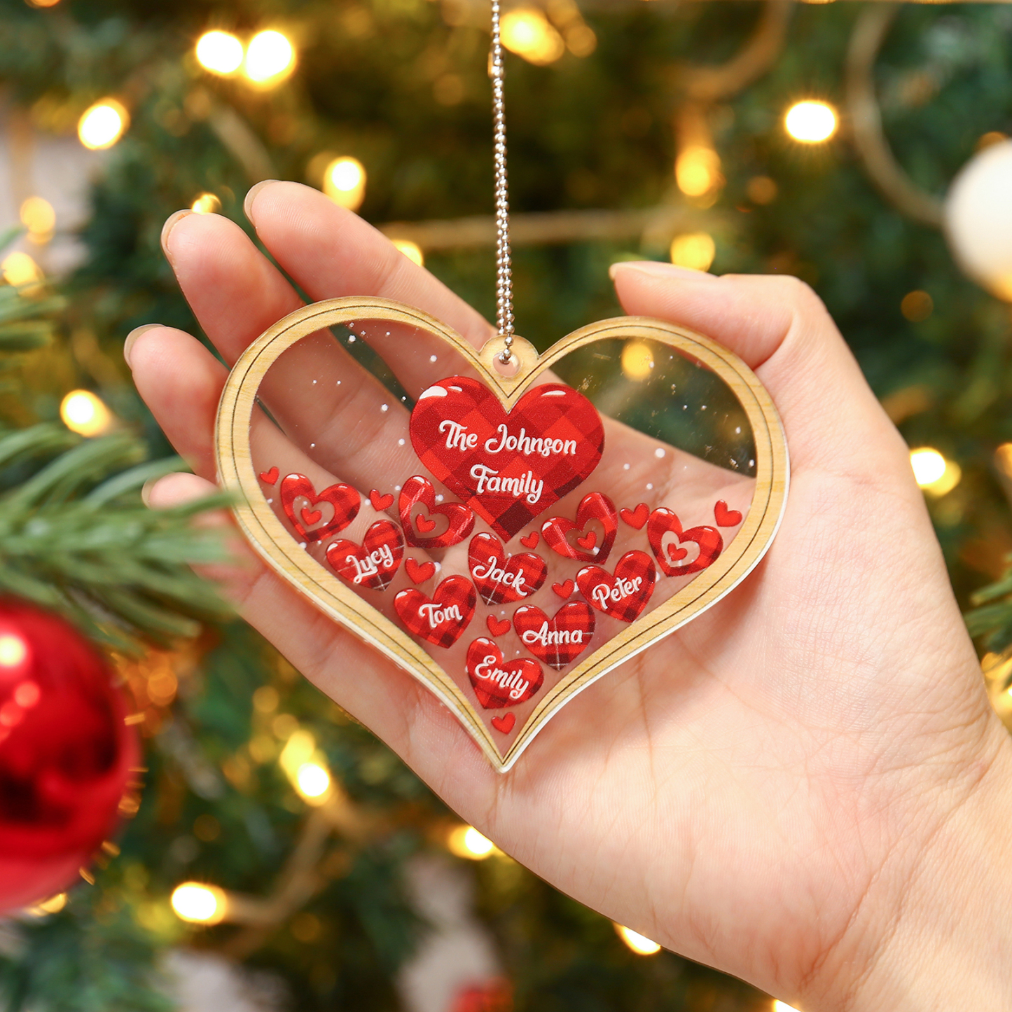 Navidad-Ornamento navideño de acrílico corazones con 6 nombres y 1 texto personalizados