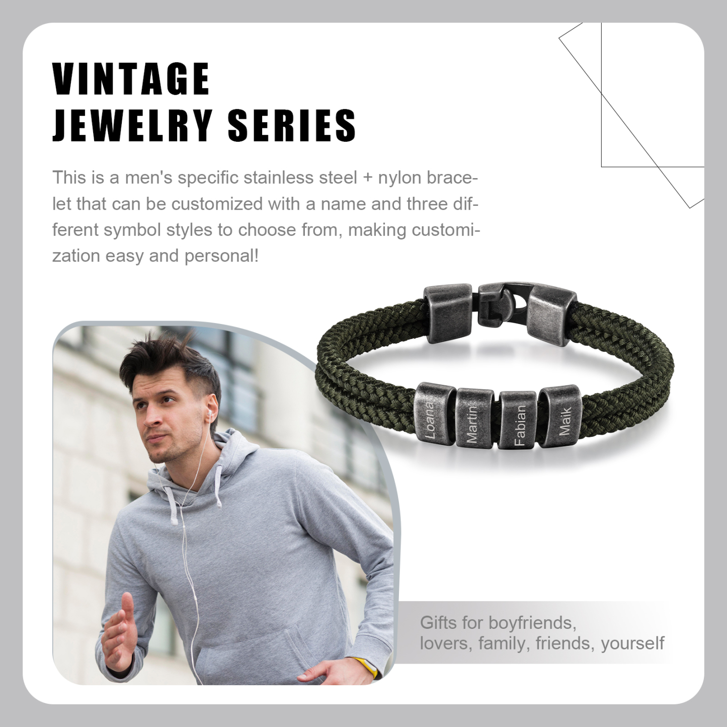 2-4 Nombres Personalizados Pulsera de Cuerda Verde Hiebra Aros de Acero Inoxidable-Jessemade ES