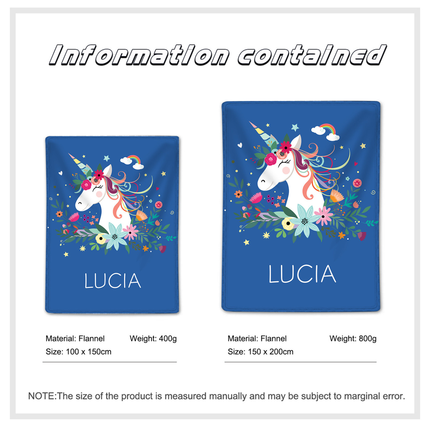 Manta de buen calidad con Unicornio personalizada con 1 nombre-Jessemade ES