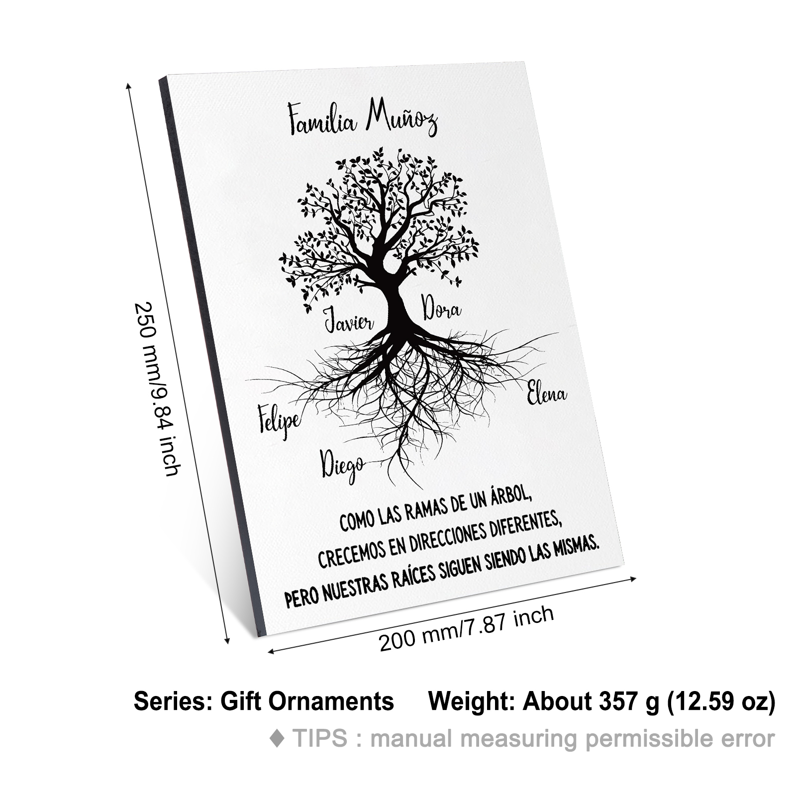 A mi familia-Lámina marco de madera Árbol de la Vida 1 texto y 5 nombres personalizados-Jessemade ES