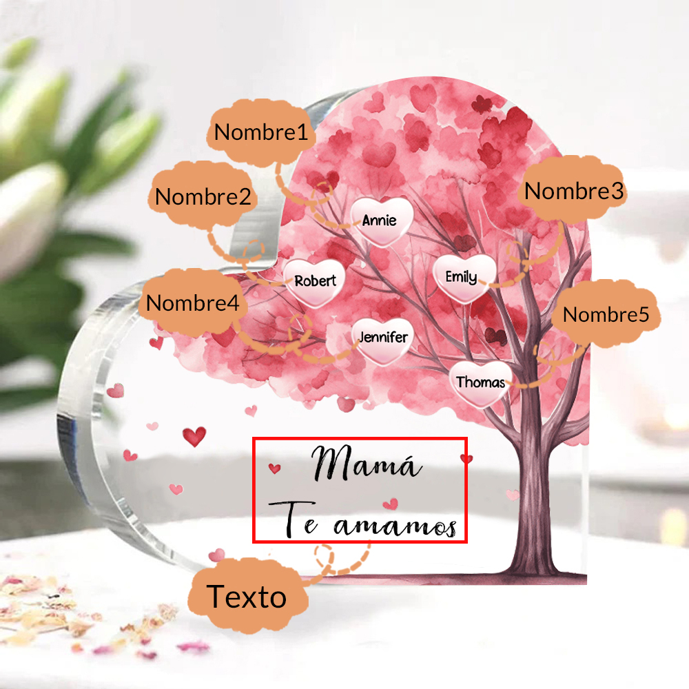 A mi mamá/abuela-Placa de acrílico "Árbol" en forma de corazón 5 nombres y 1 texto personalizados-Jessemade ES