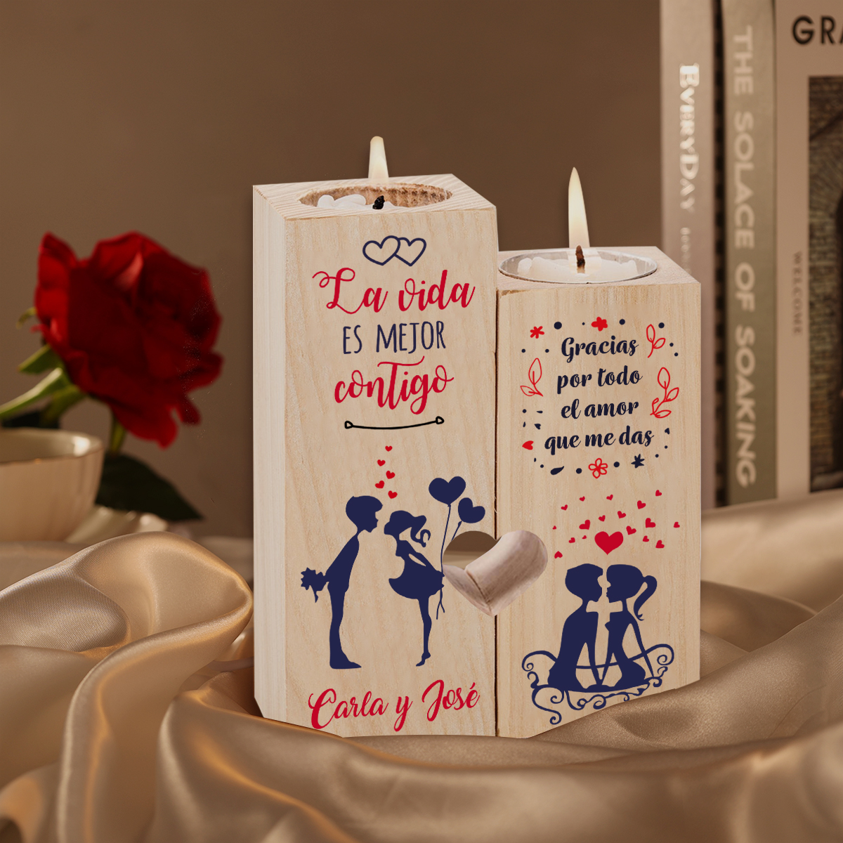 Candelero para pareja de madera de dos piezas sin candela con texto personalizado-Jessemade ES