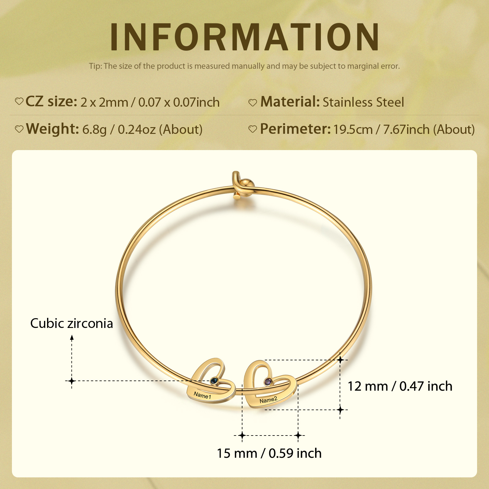 Pulsera 2-6 nombres y piedras de nacimiento personalizados con colgantes de corazón oro rosa