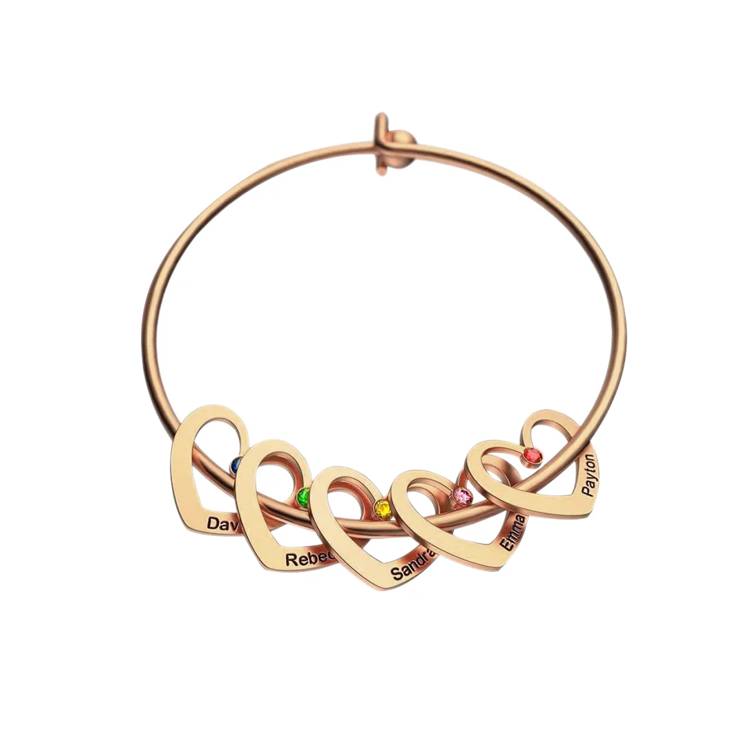 Pulsera 2-6 nombres y piedras de nacimiento personalizados con colgantes de corazón oro rosa