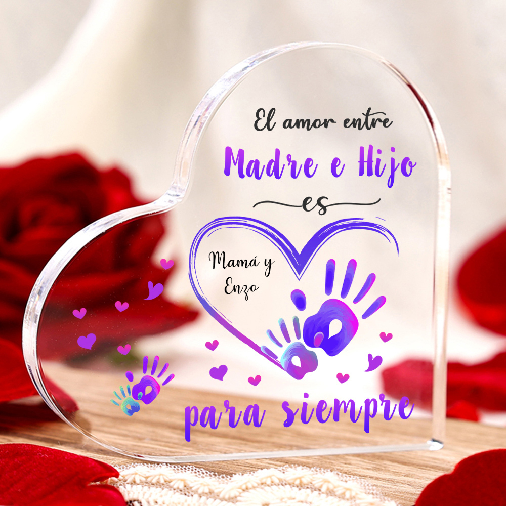 A mi mamá-Placa de acrílico en forma de corazón mano y manita 1 texto personalizado-Jessemade ES