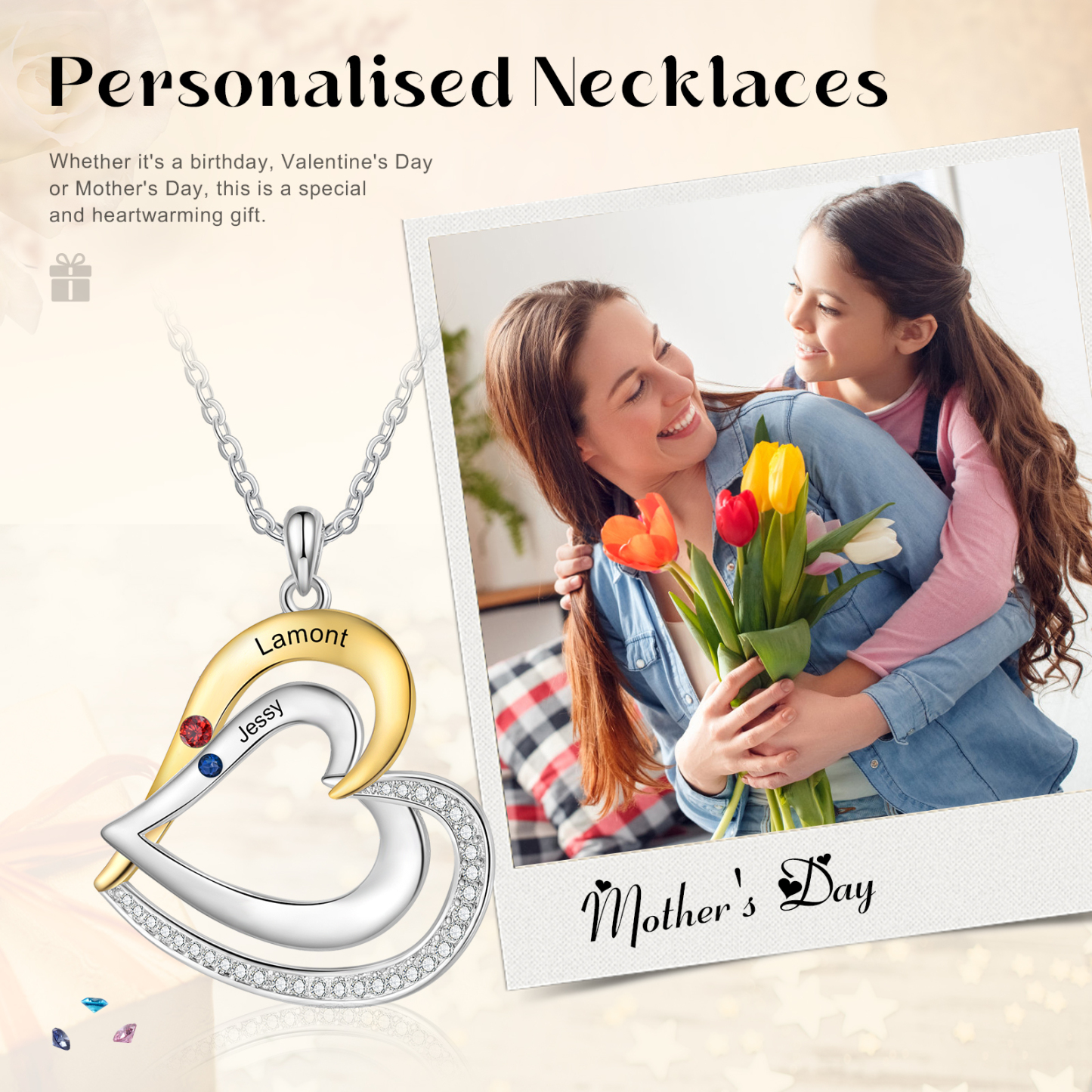 Collar de corazón de plata 925 con 2 nombres y piedras de nacimiento personalizados-Jessemade ES
