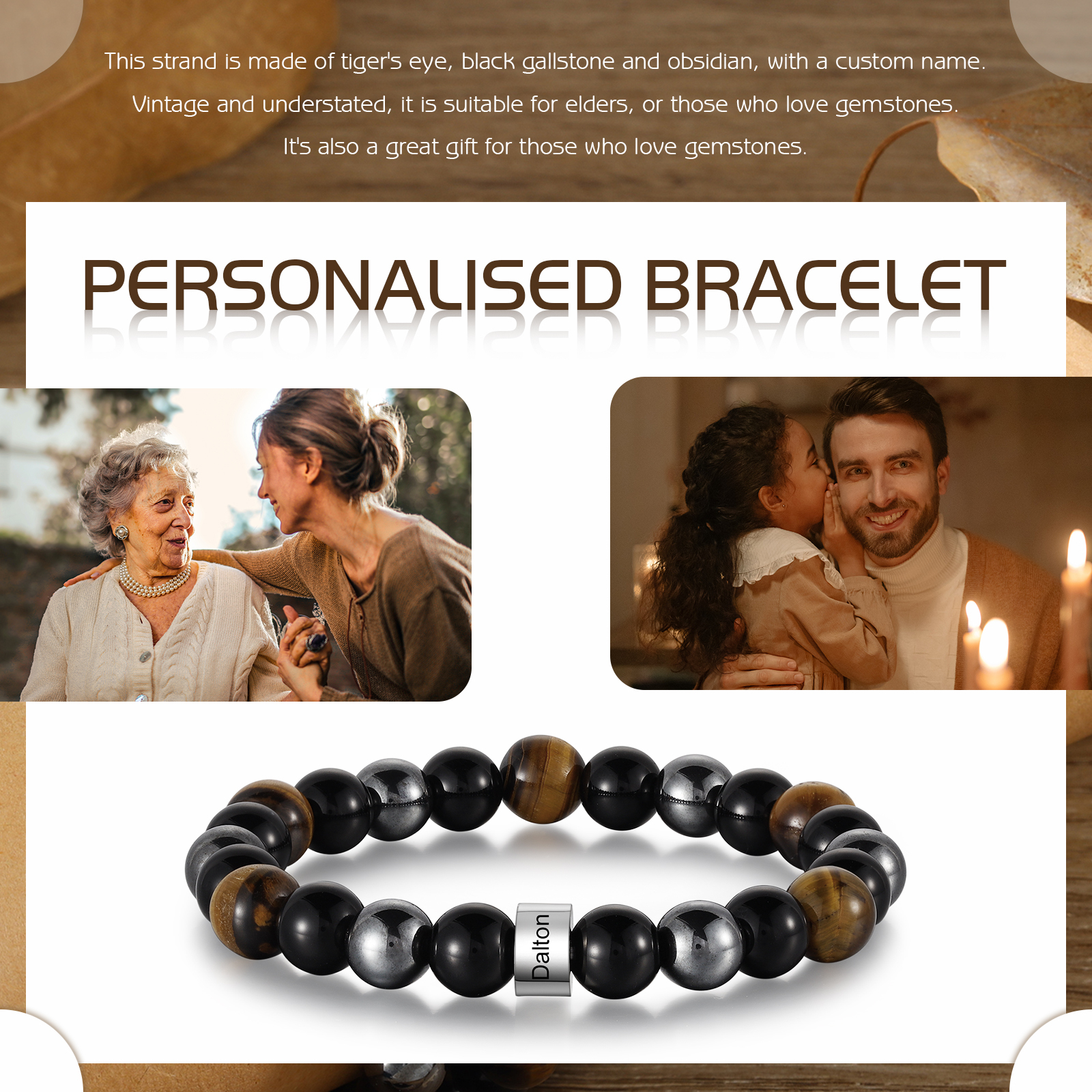 Pulsera de tres tipos de perlas personalizada con 1 nombre para hombre-Jessemade ES