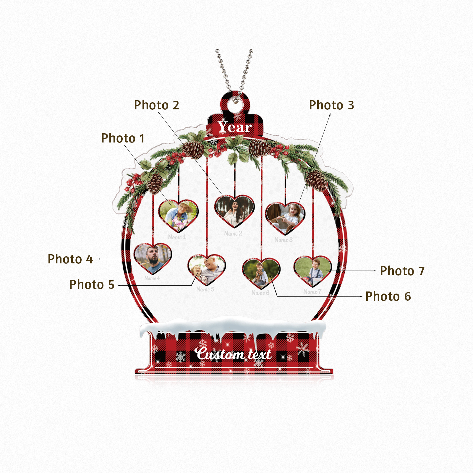 Navidad-Ornamento navideño de acrílico bola de cristal con 7 nombres, 7 fotos y 1 texto personalizados-Jessemade ES
