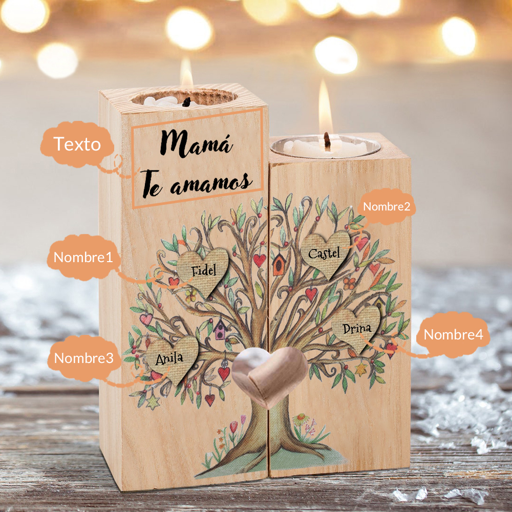 A la familia-Candelero de árbol de la vida de madera personalizado con 3-8 nombres y 1 texto sin vela-Jessemade ES