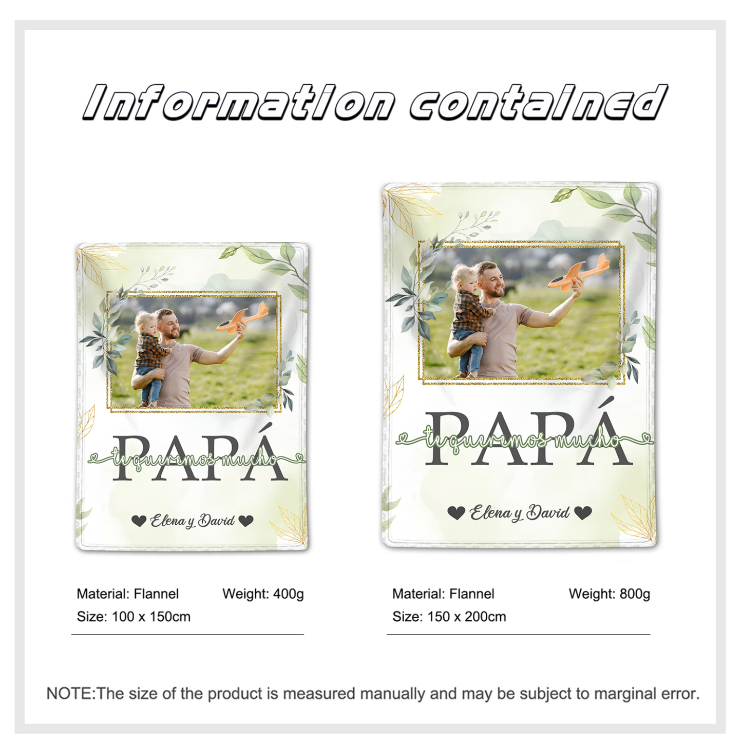 A mi padre de hij@s-Manta de buen calidad con hojas personalizada con 1 foto y 1 texto-Jessemade ES